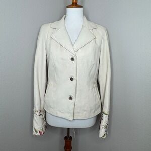 PASHA VENETO Embroidered Leather Blazer Jacket MED Cream Floral Cuffs Boho‎